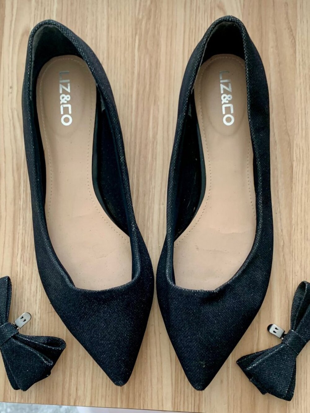 Liz & Co Black Pointed Toe Flats Removable Clip-On Bows Size 8.5 Work Flats